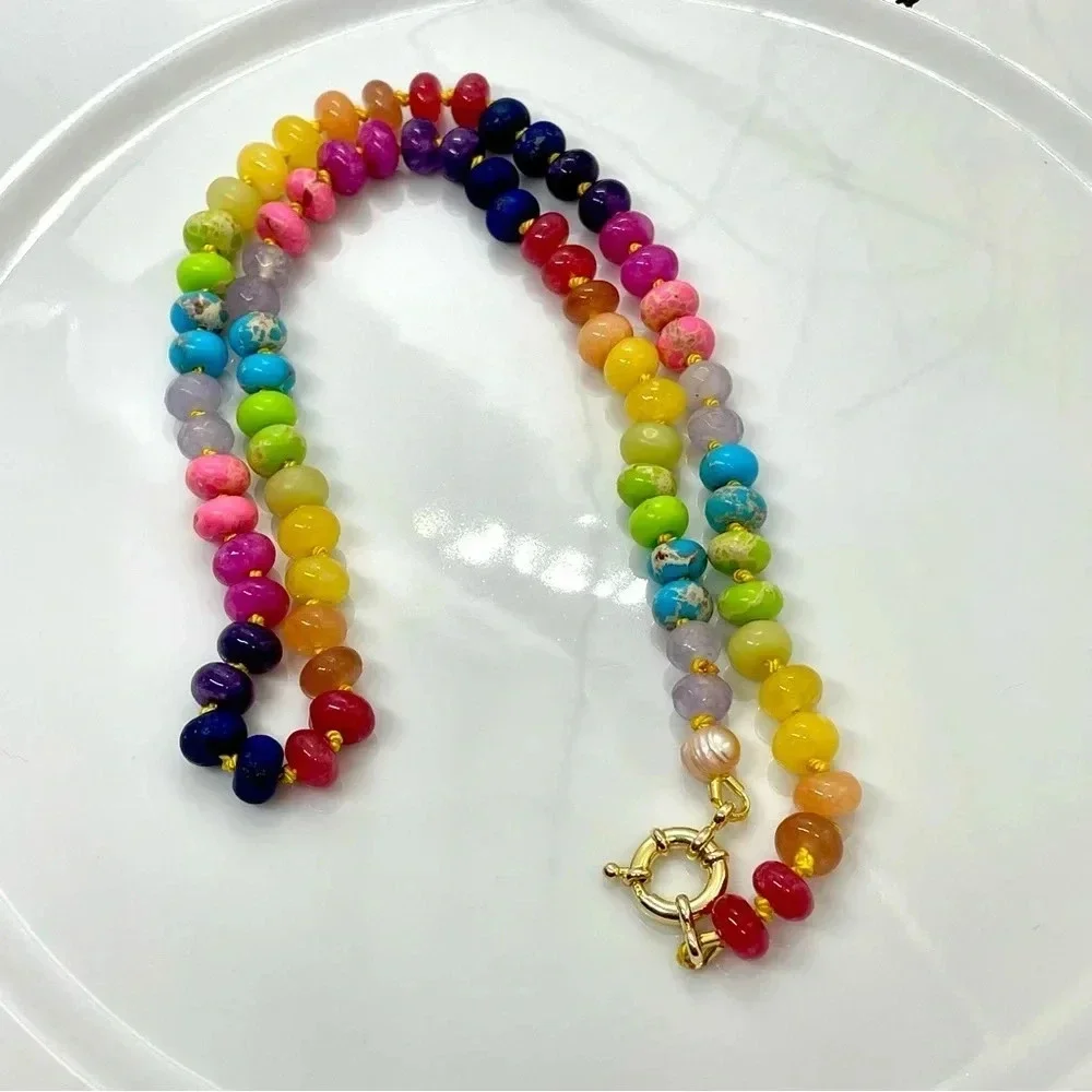 Rainbow Hand Knotted Beaded Necklace 22” Gemstones Silk Gold Plated 925 Silver - Picture 6 of 7